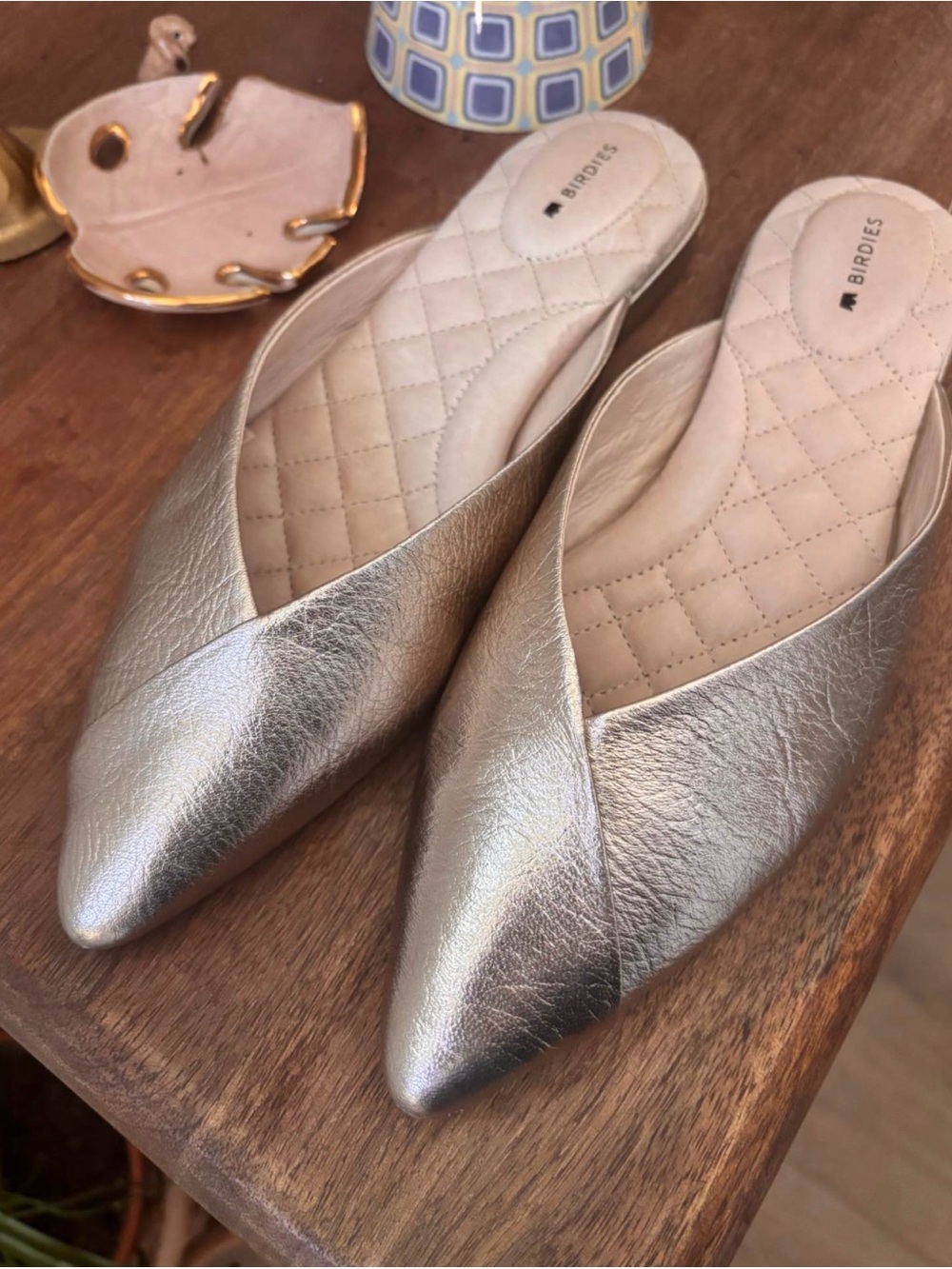 Birdies Metallic Gold Pointed Toe Slip-On Mules